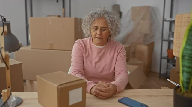 Woman talking on phone in living room filled with boxes, indicating a new home setting with grey-haired elderly female in pink sweater, suggesting a fresh start and relocation.