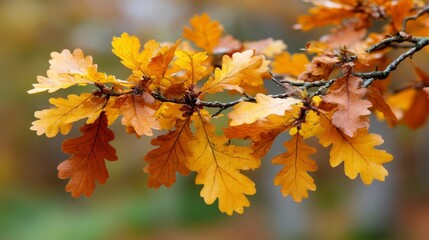 Vibrant autumn oak leaves on a branch with warm, colorful background showcasing seasonal beauty and natural textures
