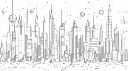 Obraz premium Hand-drawn skyline of a modern city with skyscrapers, balloons, clouds, and details for clean urban atmosphere artwork and illustrations