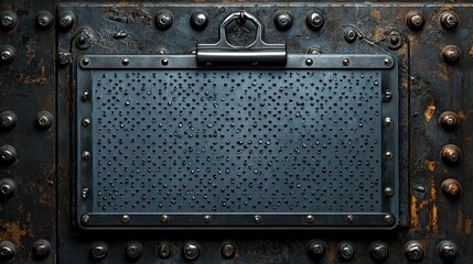 Metal clipboard on rusty industrial wall with rivets