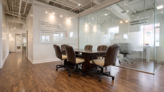 Modern glasswalled meeting room with walnut table and digital whiteboard in bright office environment