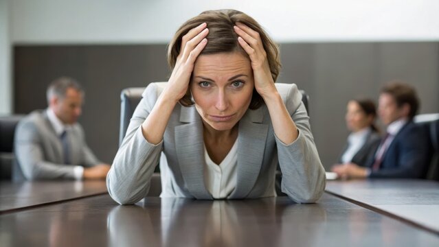 A stressed businesswoman holds her head in frustration at a boardroom table, surrounded by colleagues discussing serious matters.
