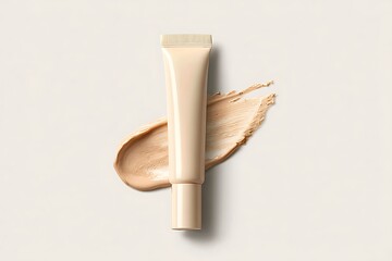 A creamy beige concealer tube rests upright on a white background. A sample patch of application shows coverage and blending ability, making this ideal for cosmetics advertising or tutorials 