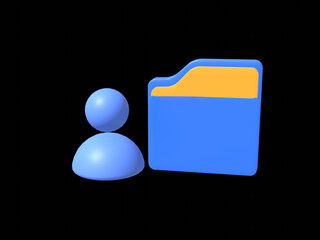 Yellow computer folder with profile, paper files, documents. Business, file management concept. 3d vector icon. 3D minimal style.