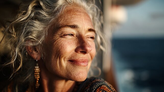 Portrait of a smiling mature woman with gray curly hair and earrings looking away at the ocean view light