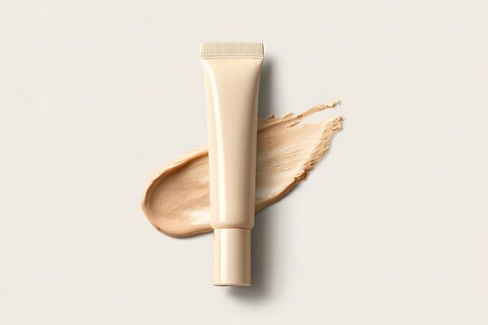 A creamy beige concealer tube rests upright on a white background. A sample patch of application shows coverage and blending ability, making this ideal for cosmetics advertising or tutorials 