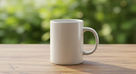 Blank White Mug on Wooden Table with Blurred Green Background Perfect for Mockups and Designs