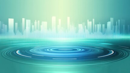 Abstract digital cityscape background with concentric circles.