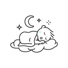 Illustration of baby sleeping well and comfy like cottony cloud. Full of stars and crescent moon at night.