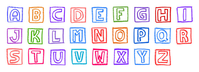 Square Block Alphabet Colorful Crayon Chalk Drawing Vector Set