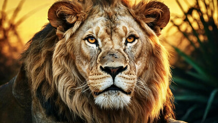Fototapeta premium Majestic Lion Close-Up with Golden Sunset Background