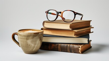 Stack of books with glasses on top and cup of cappuccino isolated on white background, study time concept design