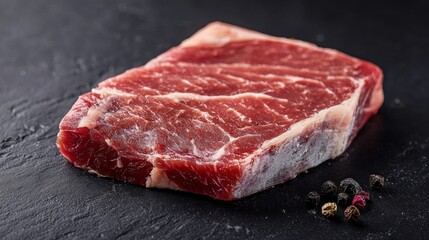 A raw steak on a dark surface with peppercorns.