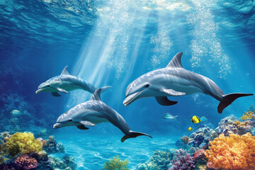 Fototapeta premium Sleek dolphins glide beneath turquoise ocean waves, their bodies reflecting sunlight. These playful marine creatures showcase fluid elegance and harmony within their vibrant aquatic habitat.
