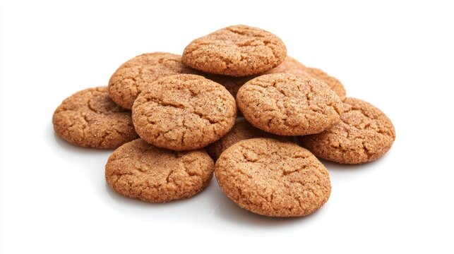 A pile of brown, round, crinkly cookies with a cinnamon-sugar coating on a white background.