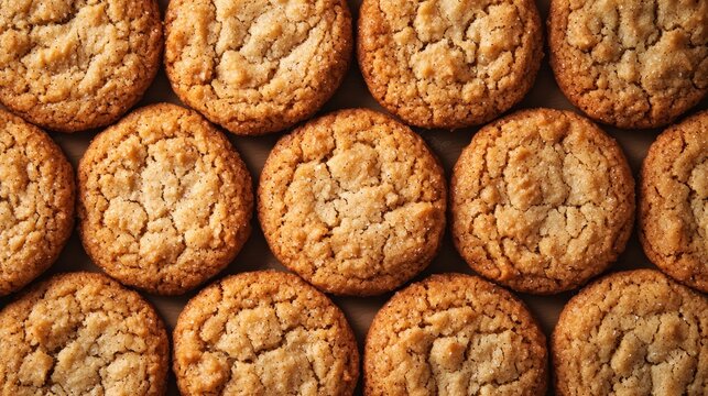 A close-up of a batch of freshly baked oatmeal cookies arranged in a grid pattern on a wooden surface.