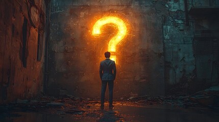 Asian businessman contemplating an important decision under a glowing question mark