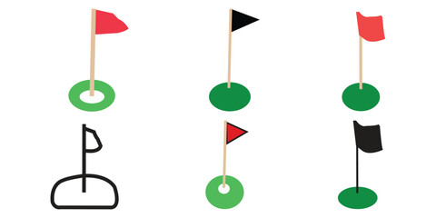 Golf icon. Golfing field with red flag vector illustration. Golfer tournament  Golf court with a ball hall sign. Sport game competition pictogram. Goal isolated concept.