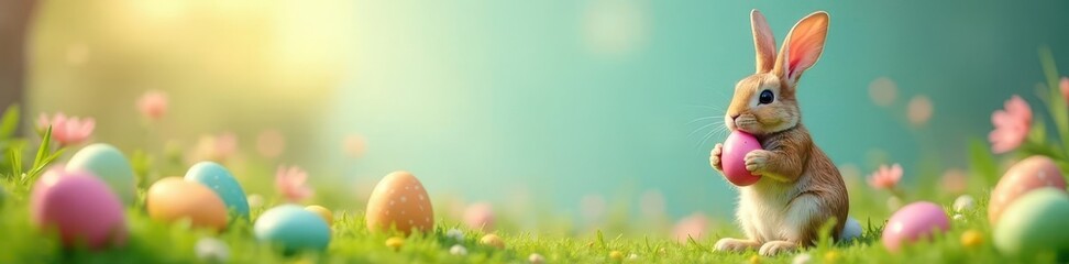 Fototapeta premium Realistic photo style Easter card Bunny holds decorated egg , white, floral