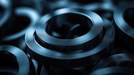 Metal rings stacked, industrial background, manufacturing use