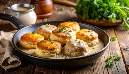 Biscuits and Sausage Gravy on Farm Table. Traditional American Food