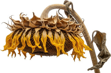 Obraz premium Withered Sunflower Close up Dried Petals Brown Stem Autumnal Bloom Detail