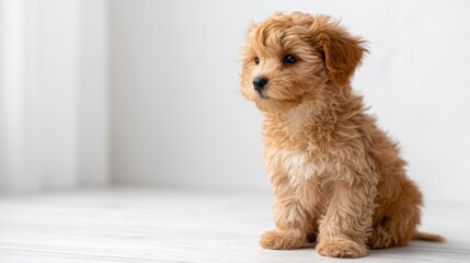 Fluffy Puppy Sitting on a Clean White Wooden Floor Indoors