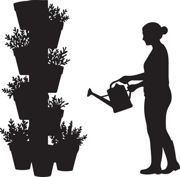 recommend clip art: Silhouette of Woman Watering Potted Plants – Gardening, Urban Farming, Vertical Planter, Home Garden Care Illustration
                    
                    