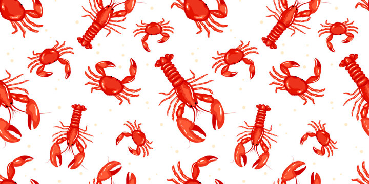 Seamless pattern of red lobsters and crabs on a white background. Ideal for seafood-related designs, restaurant branding, kitchen decor, or marine-themed artistic projects