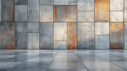 Metal wall tiles backdrop with tiled floor, sunset light reflection