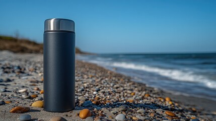 Metal water bottle on pebble beach with ocean waves