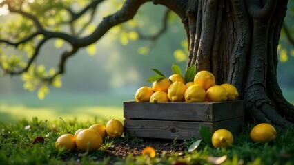 A Rustic Wooden Crate Overflowing with Freshly Harvested Lemons Under the Shade of a Majestic Tree in a Serene Meadow