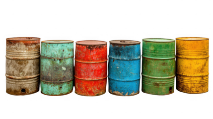 Six colorful rusty empty metal barrels are lined up against a transparent background, showing signs of wear and tear, creating a grungy industrial aesthetic