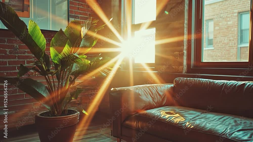 Poster sunlight streams into a room with a plant and couch.