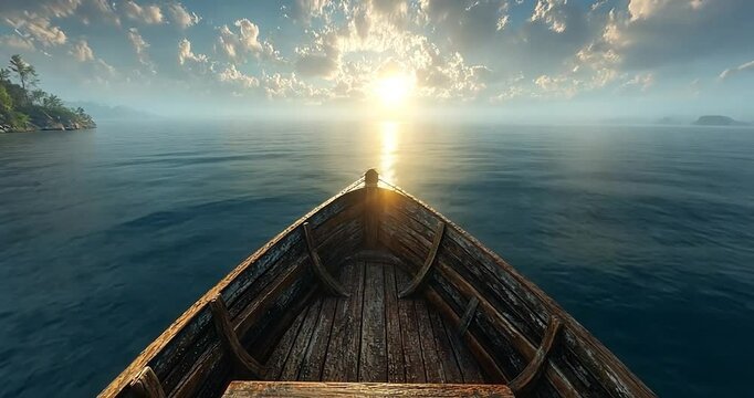 A view from the prow of a vessel sailing on calm waters under a cloudy sky. The sun is a bright light source in the center of the image, and the ocean has a bluish-green color. The sunlight