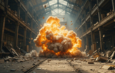 Massive fiery explosion in abandoned industrial warehouse with debris flying