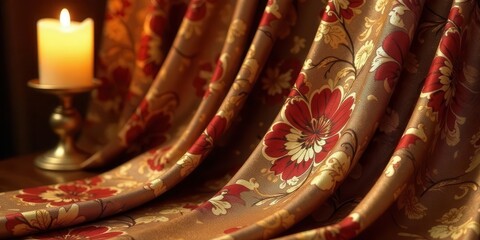 Luxurious Fabric Draped with a Gentle Candlelight Glow, Showing Rich Autumnal Hues and Intricate Floral Patterns