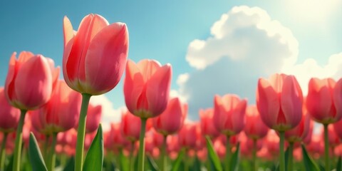 A field of delicate light pink tulips basking in the warm sunlight, a vibrant springtime scene with a bright blue sky and fluffy white clouds above.