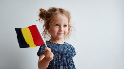Young Belgian girl happily waving national flag against a white backdrop