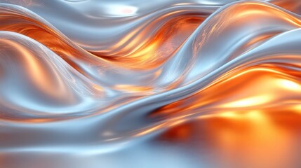 Metallic liquid waves flowing, orange glow background, abstract design element