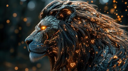 Metallic lion with glowing heart shapes in dark forest