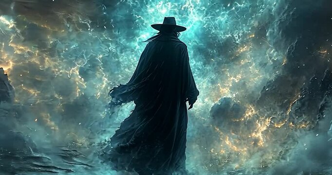 Silhouette of a person in a hat and cloak, standing in front of a shimmering nebula with a blue and orange color palette