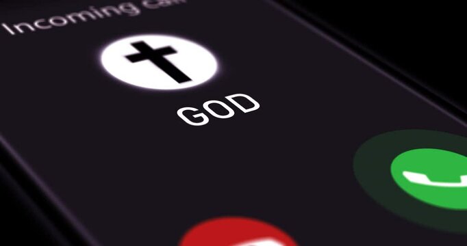 Smartphone screen with incoming call from God, getting phone call from Heavenly Father or Lord, a divine sign and a message of hope, footage