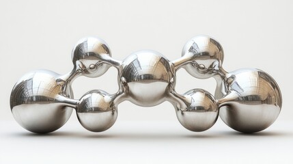Metallic molecular structure sculpture on white background with reflections