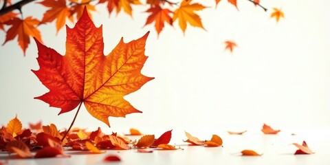 Fototapeta premium Autumnal foliage design featuring a vibrant maple leaf and scattered fallen leaves against a bright background