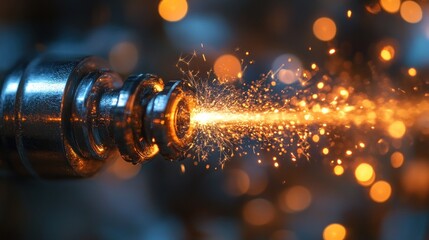 Metallic nozzle emitting sparks in a blurred, glowing background