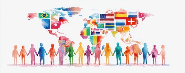 Globe International's Teamwork and Collaboration Concept. Multicultural silhouettes holding hands in front of a world map decorated with various national flags, symbolizing global unity and diversity.