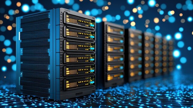 Dark Servers with Glowing Lights on Blue Background