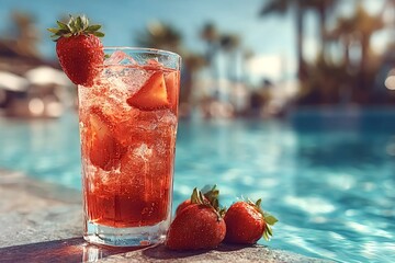 Ice cubes and strawberry slices are refreshing a red cocktail standing by a pool with fresh strawberries on the poolside on a sunny summer day