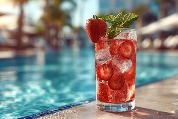 Glass of refreshing strawberry cocktail with ice and mint leaves sits on the edge of a swimming pool on a sunny summer day, offering a perfect way to cool off and enjoy the vacation